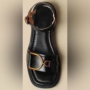 Black Leather Look Sandal with Gold Buckle